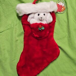 Russ Berrie VTG K-54 Plush 3D Puppy Dog Christmas Stocking Red Velour New w/Tags